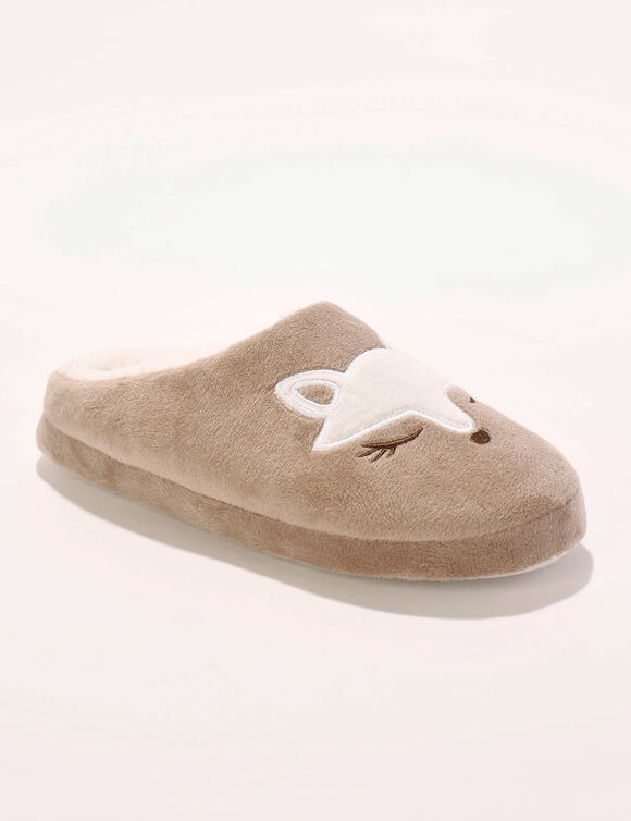 Chaussons mules polaire brodés tête de renard (taupe) Chaussons mules polaire brodés tête de renard (taupe)